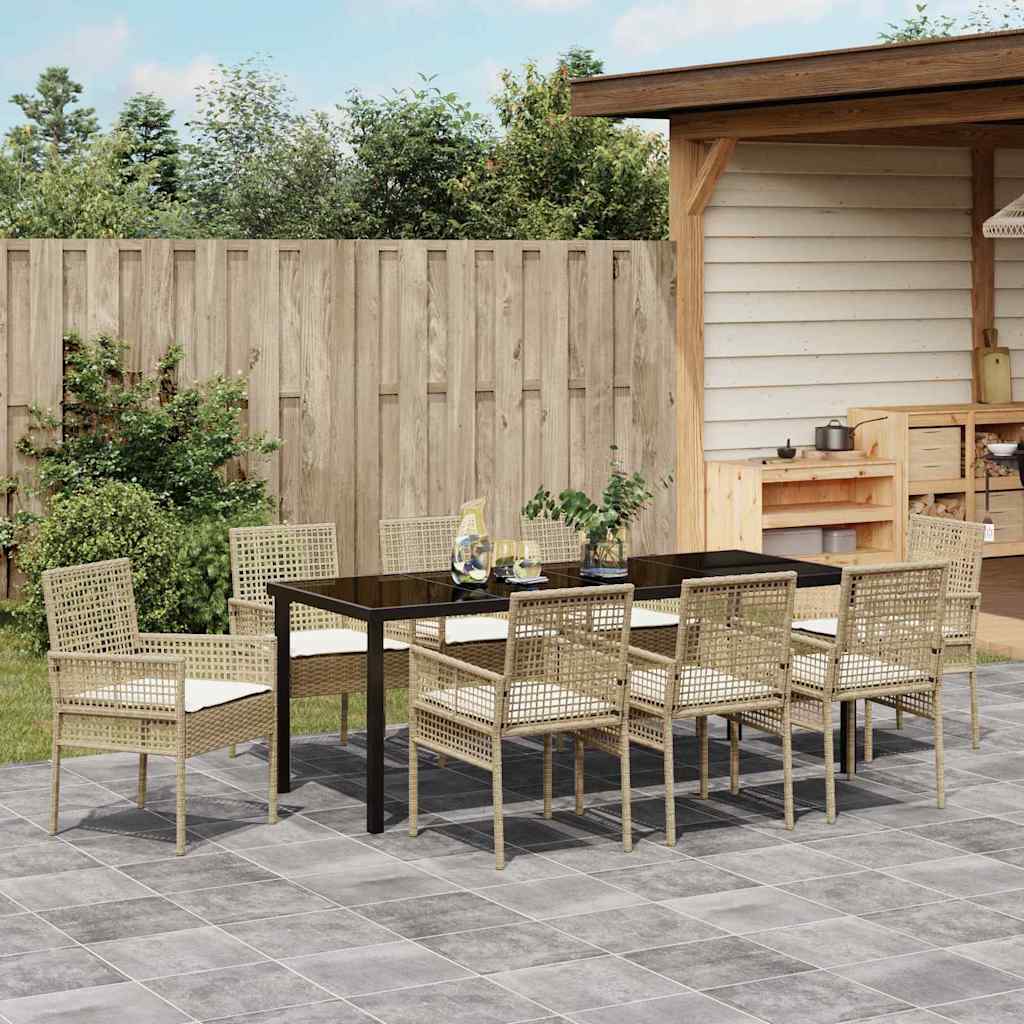 Tuin Eettafelset Met Kussen 9 Pcs Poly Rattan 8-persoons beige en crèmekleurig 200 cm
