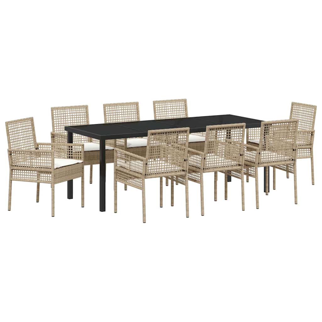 Tuin Eettafelset Met Kussen 9 Pcs Poly Rattan 8-persoons beige en crèmekleurig 200 cm