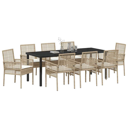 Tuin Eettafelset Met Kussen 9 Pcs Poly Rattan 8-persoons beige en crèmekleurig 200 cm