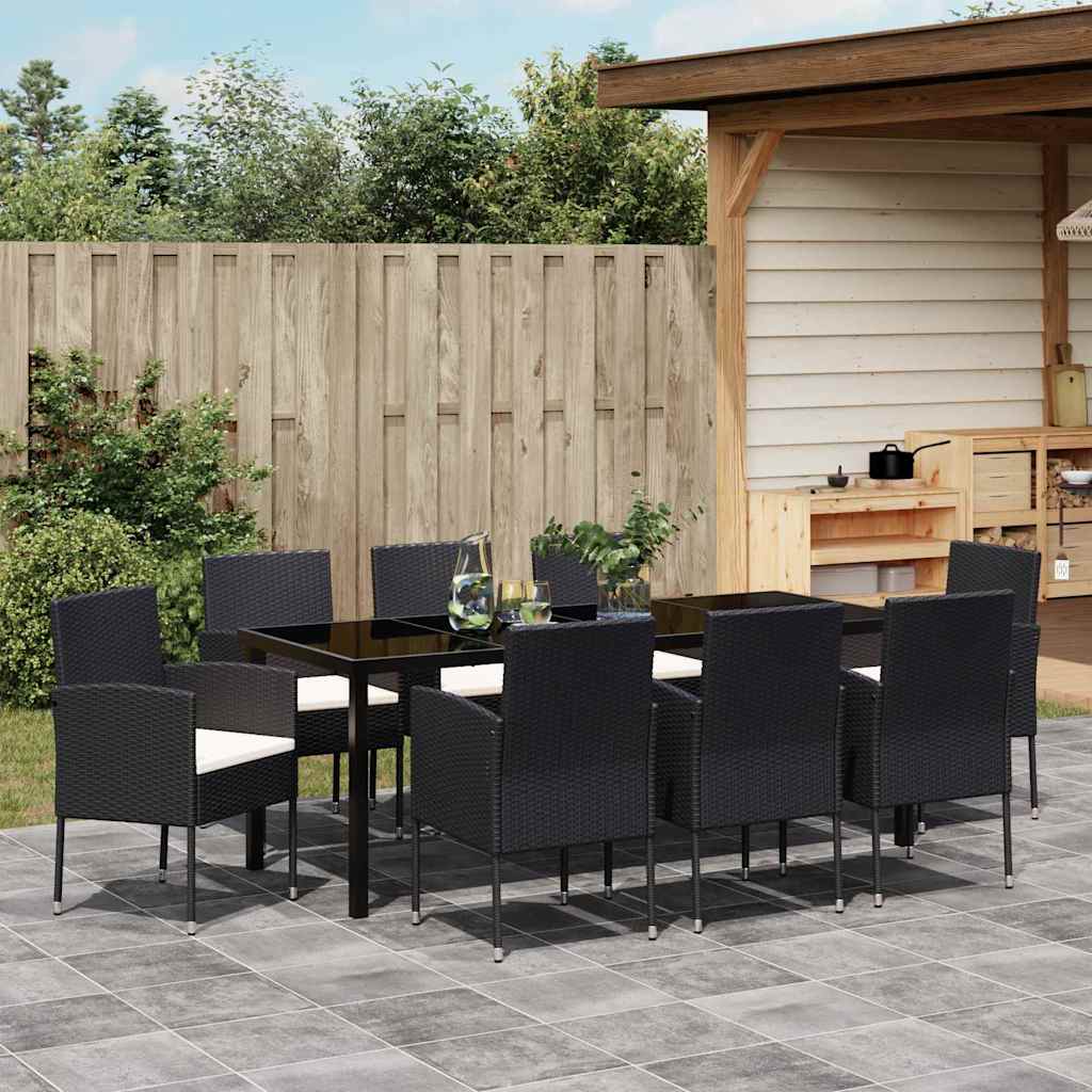 Tuin Eettafelset Met Kussen 9 Pcs Poly Rattan 8-persoons Zwart en crèmewit 200 cm