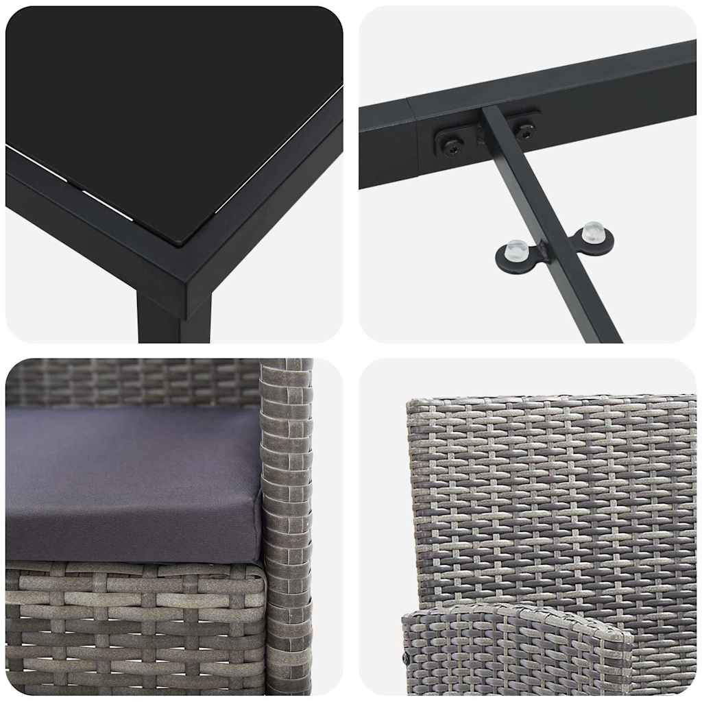 Tuin eettafelset met kussen 3 pcs Grijs poly rattan