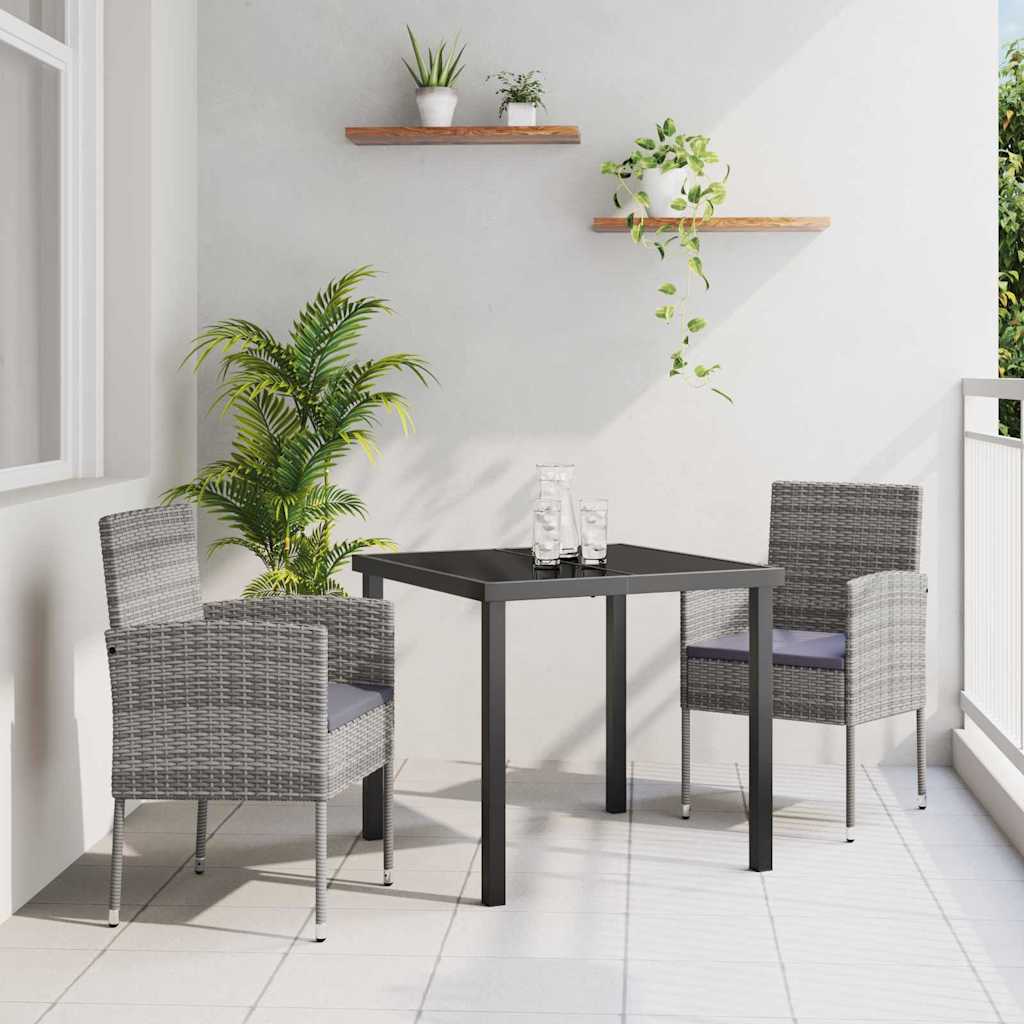 Tuin eettafelset met kussen 3 pcs Grijs poly rattan