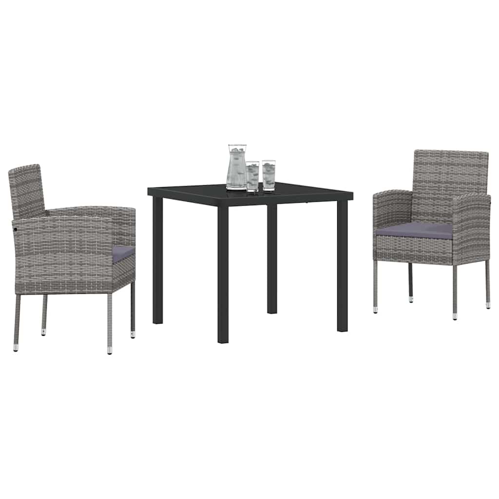 Tuin eettafelset met kussen 3 pcs Grijs poly rattan