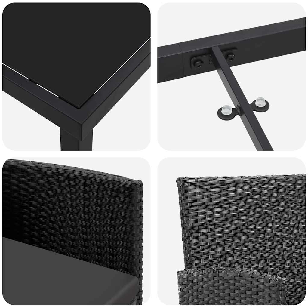 Tuin eettafelset met kussen 3 pcs Zwart poly rattan