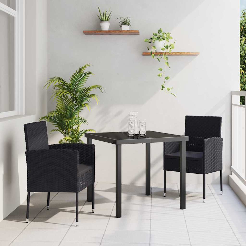 Tuin eettafelset met kussen 3 pcs Zwart poly rattan