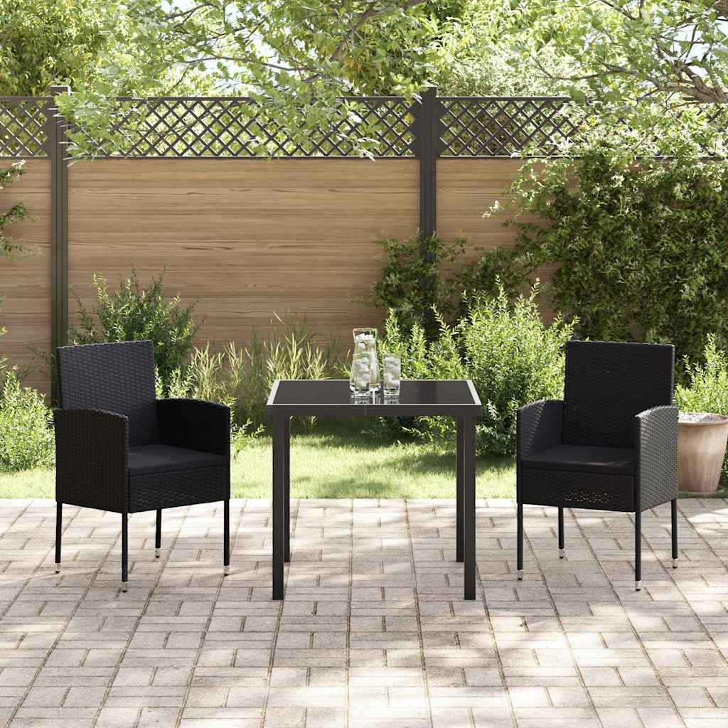 Tuin eettafelset met kussen 3 pcs Zwart poly rattan