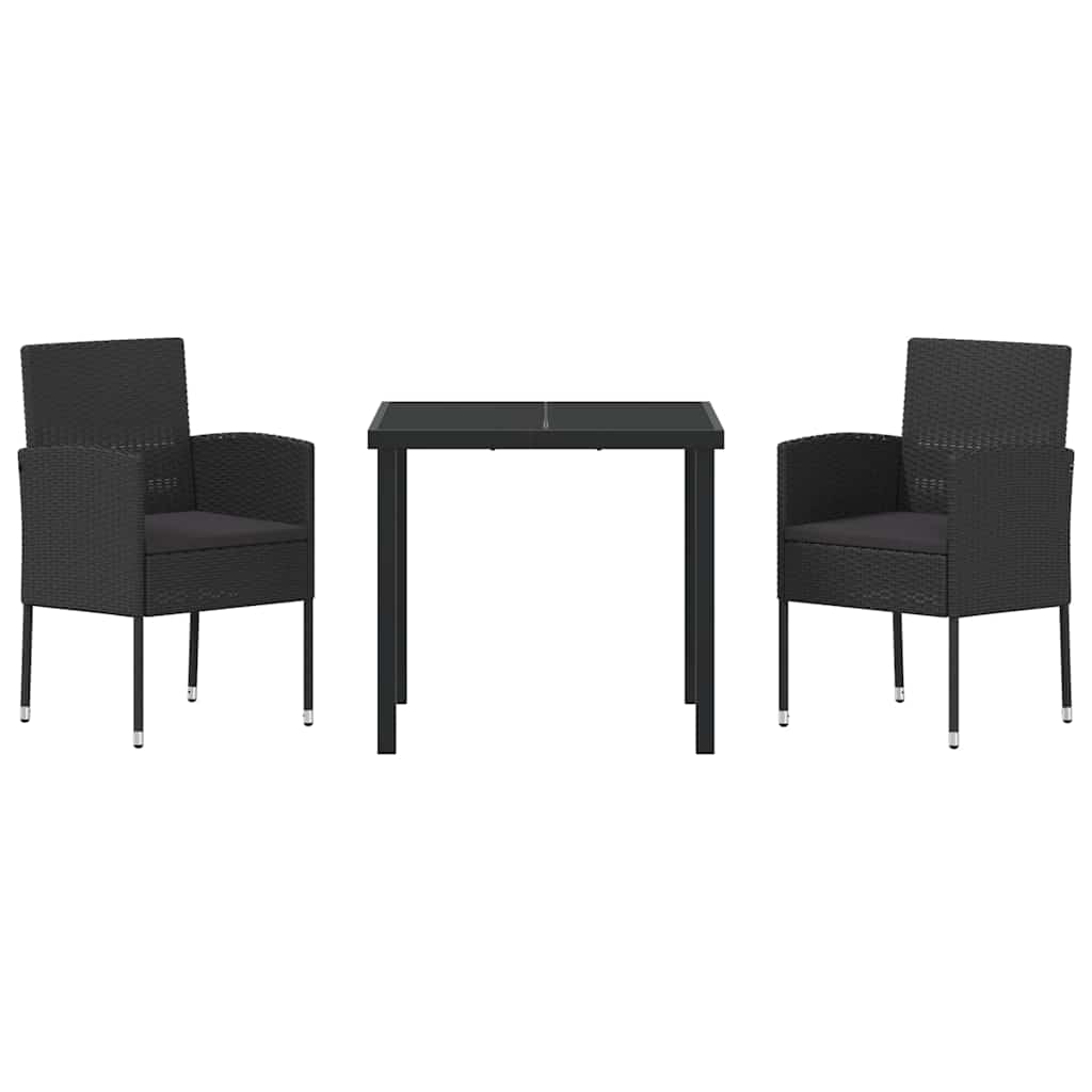 Tuin eettafelset met kussen 3 pcs Zwart poly rattan