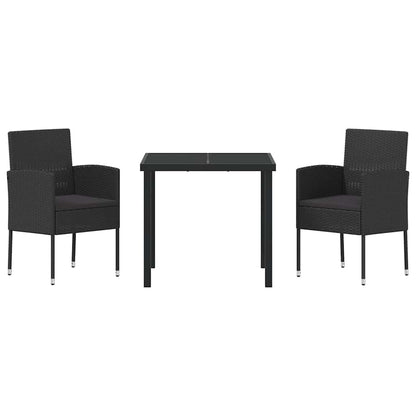 Tuin eettafelset met kussen 3 pcs Zwart poly rattan