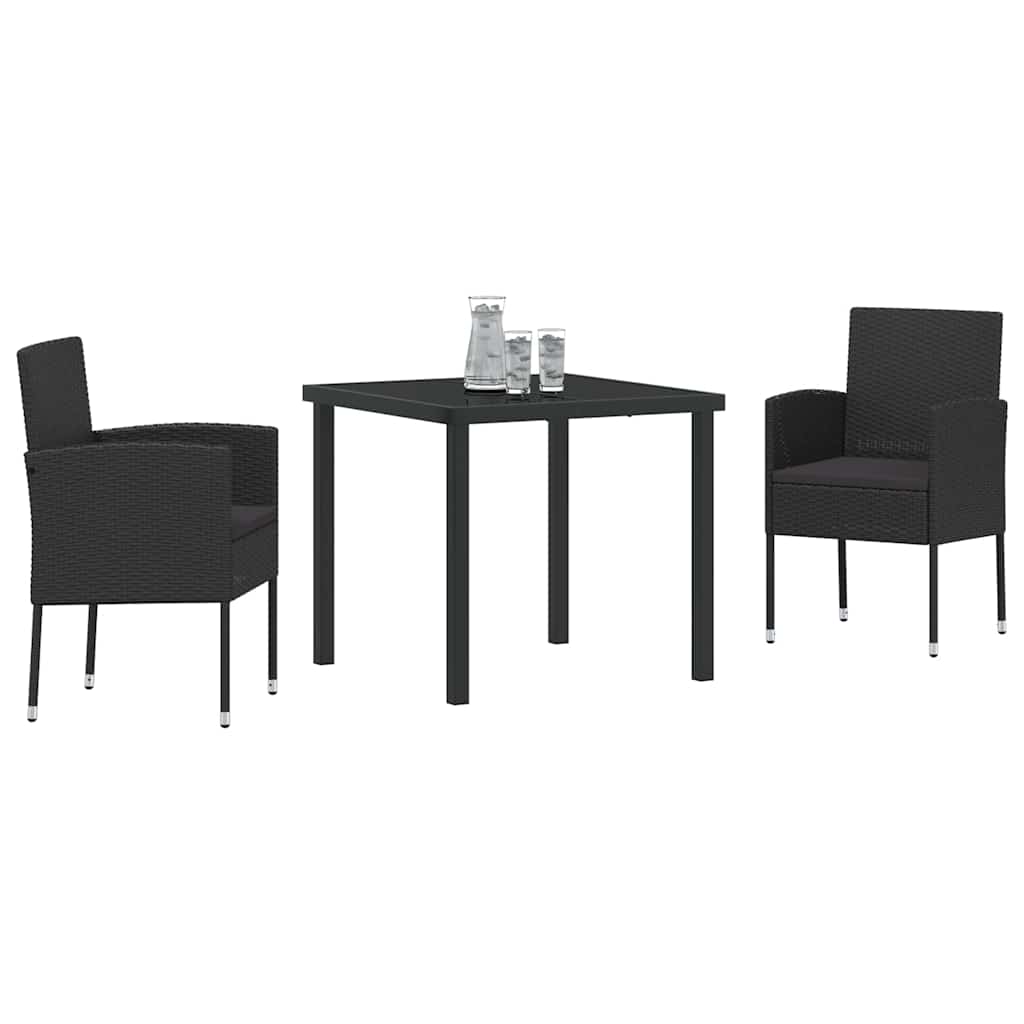Tuin eettafelset met kussen 3 pcs Zwart poly rattan