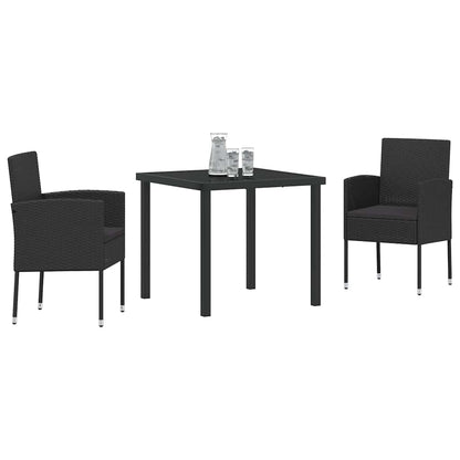 Tuin eettafelset met kussen 3 pcs Zwart poly rattan