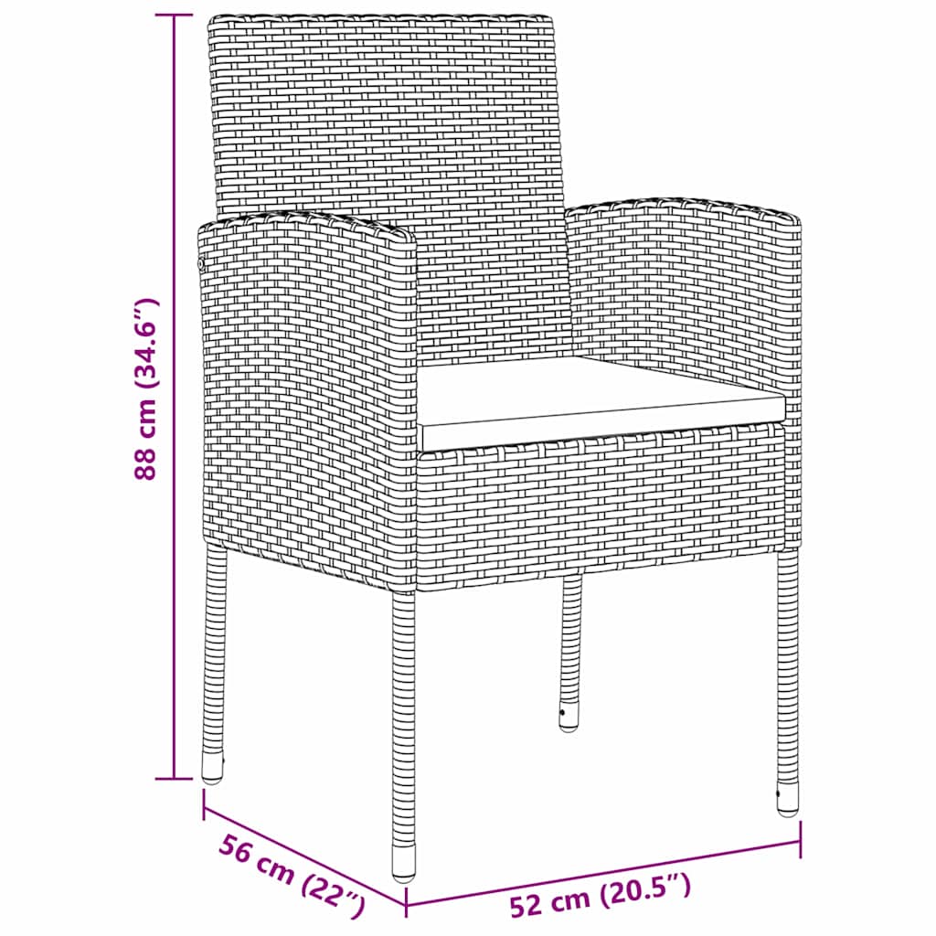 Tuin eettafelset met kussen 3 pcs Zwart poly rattan