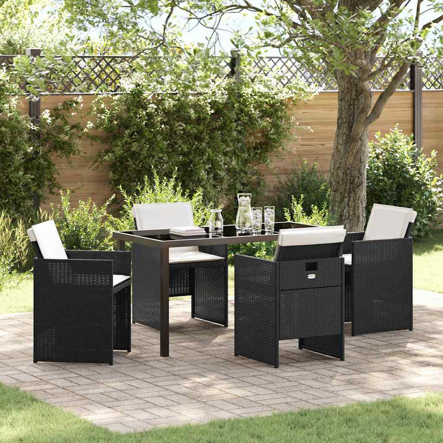Tuin Eettafelset Met Kussen 5 Pcs Poly Rattan Zwart en crèmewit 140 cm