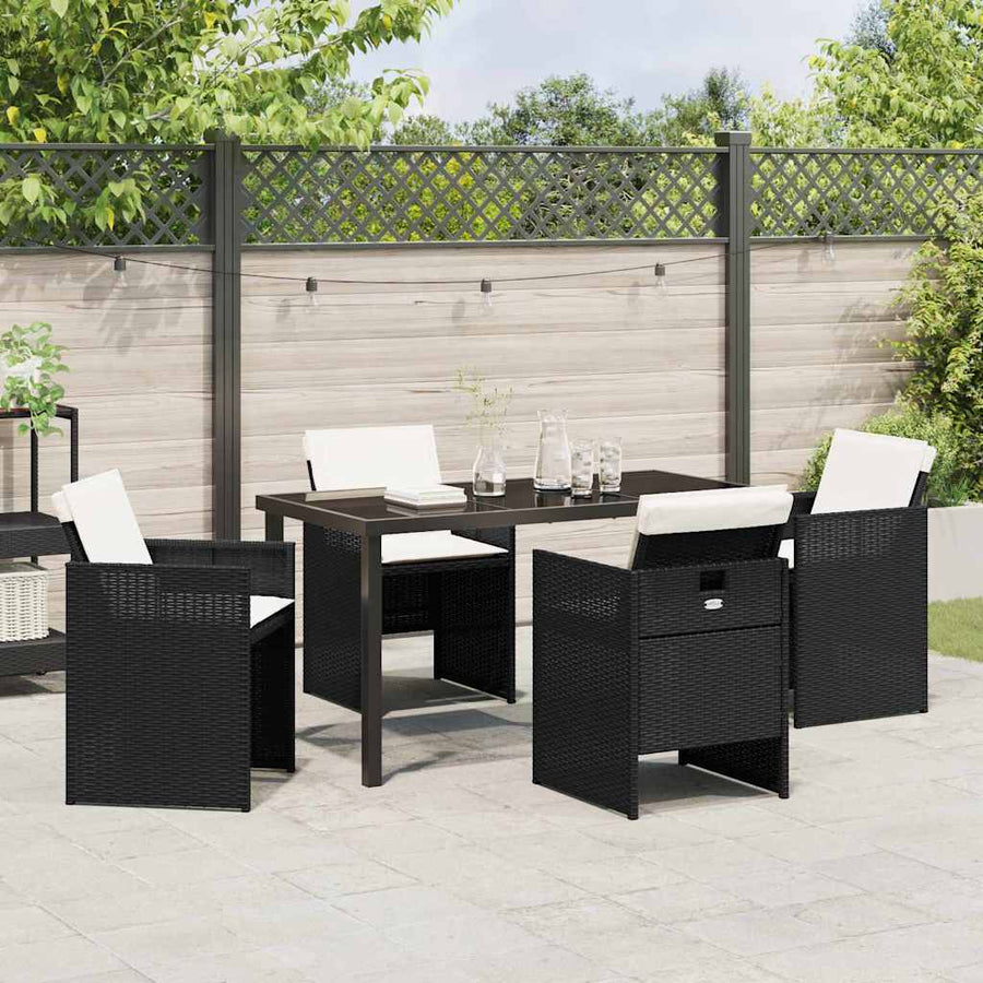 Tuin Eettafelset Met Kussen 5 Pcs Poly Rattan Zwart en crèmewit 140 cm