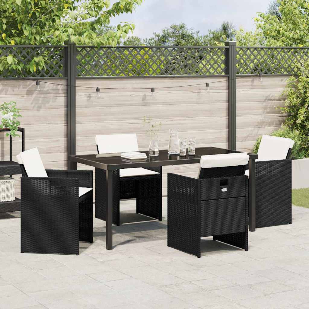 Tuin Eettafelset Met Kussen 5 Pcs Poly Rattan Zwart en crèmewit 160 cm