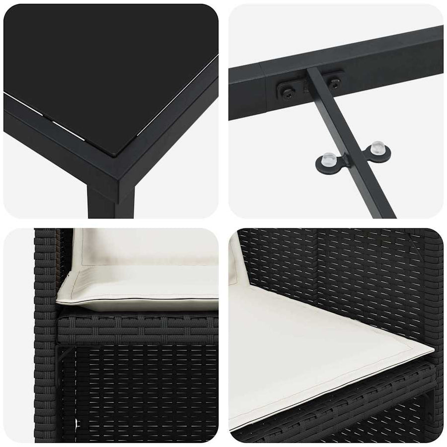 Tuin eettafelset met kussen 9 pcs Zwart poly rattan