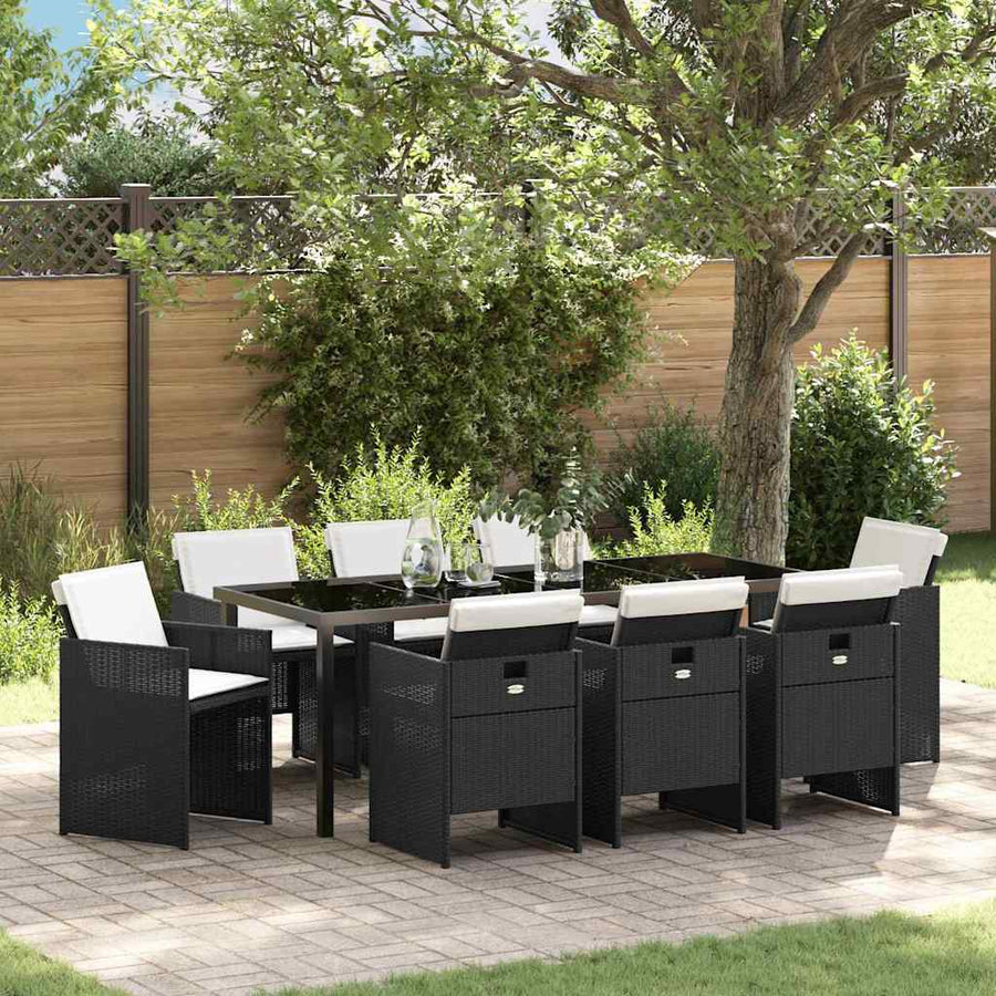 Tuin eettafelset met kussen 9 pcs Zwart poly rattan