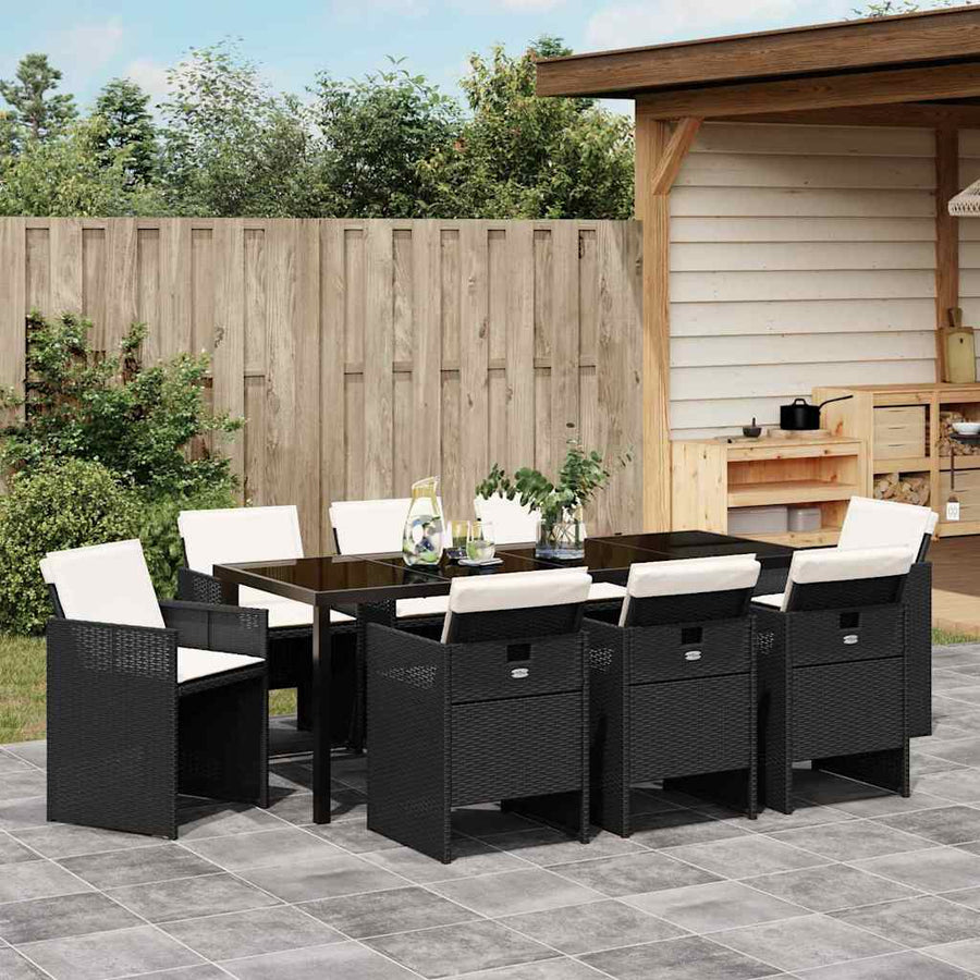 Tuin eettafelset met kussen 9 pcs Zwart poly rattan