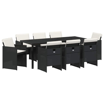 Tuin eettafelset met kussen 9 pcs Zwart poly rattan