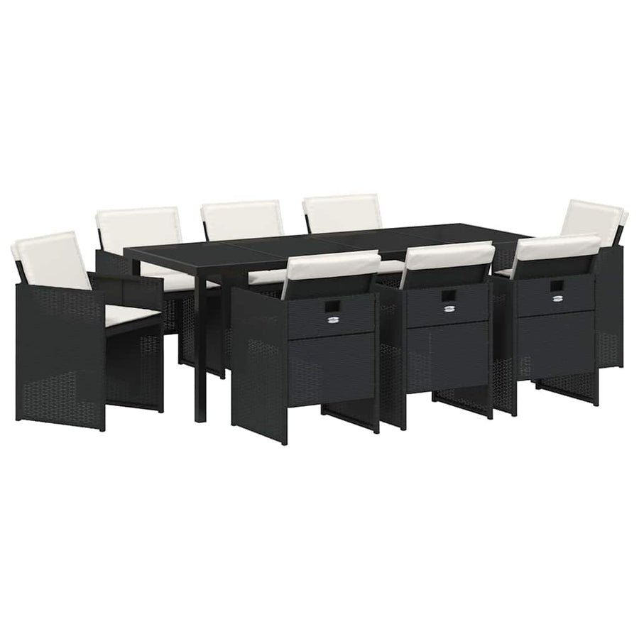 Tuin eettafelset met kussen 9 pcs Zwart poly rattan