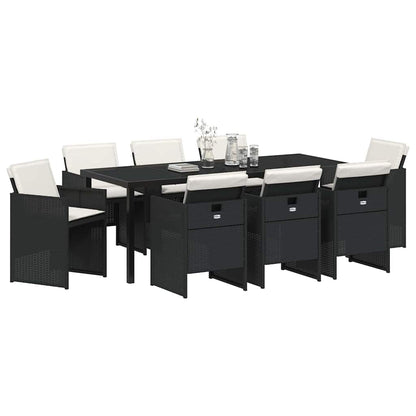 Tuin eettafelset met kussen 9 pcs Zwart poly rattan