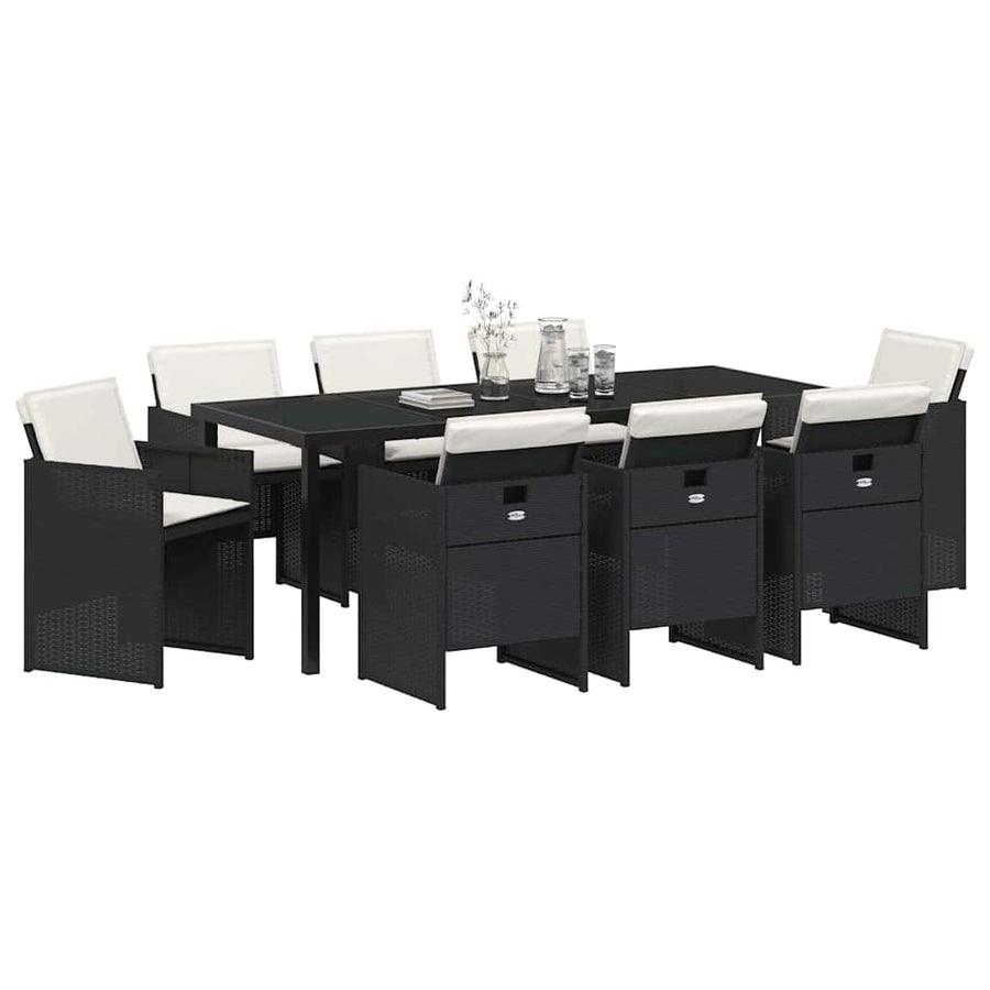 Tuin eettafelset met kussen 9 pcs Zwart poly rattan