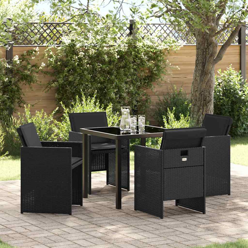 Tuin eettafelset met kussen 5 pcs Zwart poly rattan