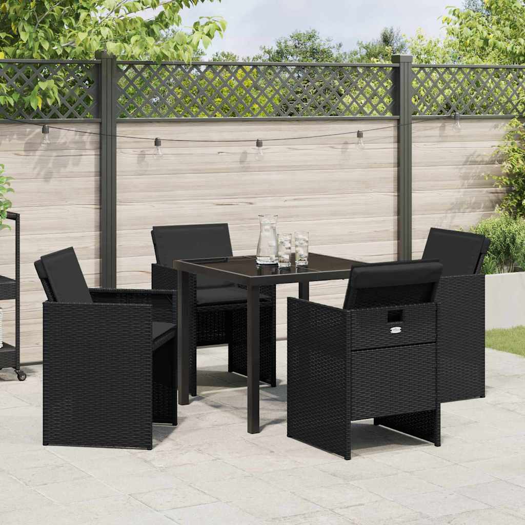 Tuin eettafelset met kussen 5 pcs Zwart poly rattan