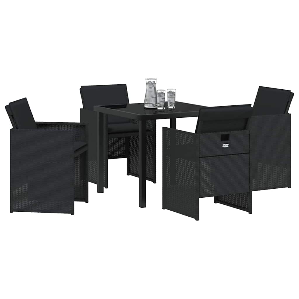 Tuin eettafelset met kussen 5 pcs Zwart poly rattan