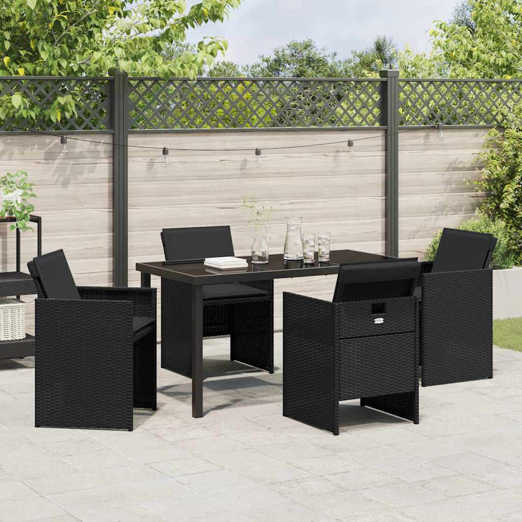 Tuin eettafelset met kussen 5 pcs Zwart poly rattan