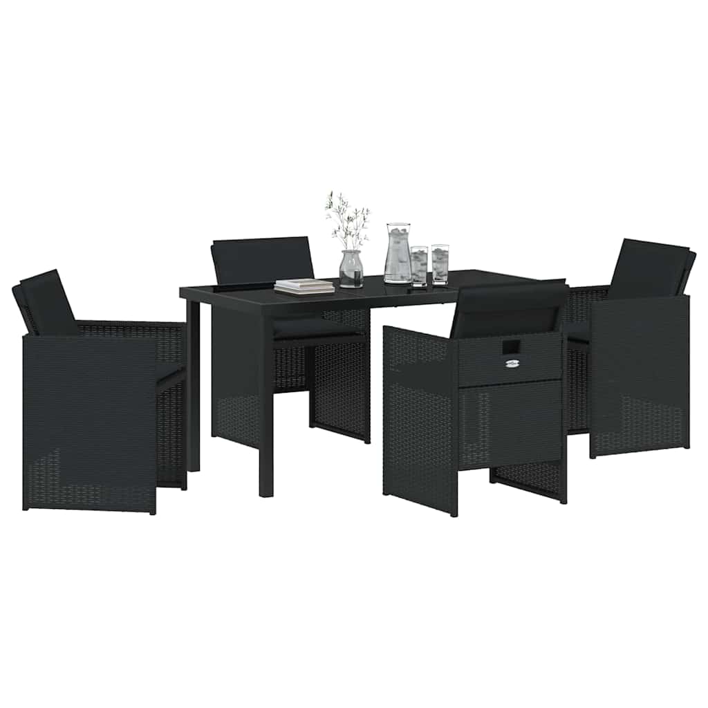 Tuin eettafelset met kussen 5 pcs Zwart poly rattan