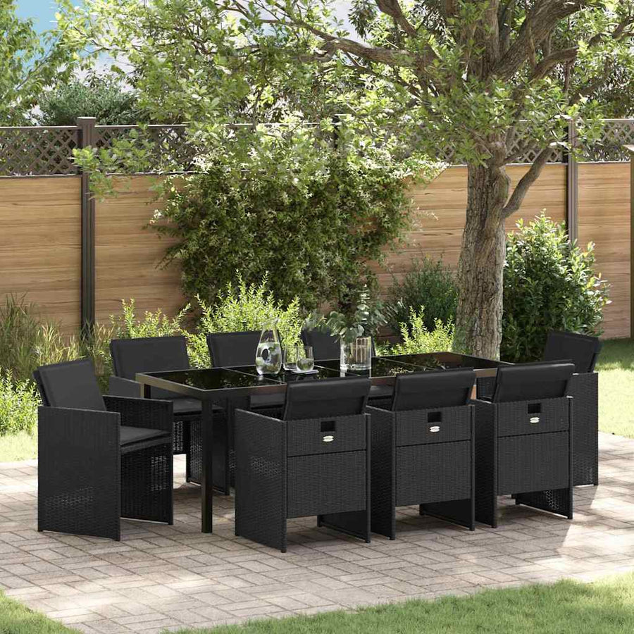Tuin Eettafelset Met Kussen 9 Pcs Zwart Poly Rattan