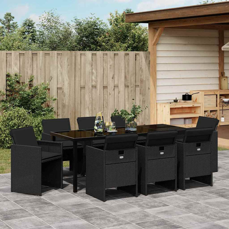 Tuin Eettafelset Met Kussen 9 Pcs Zwart Poly Rattan