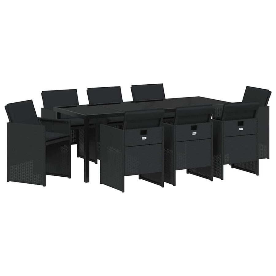 Tuin Eettafelset Met Kussen 9 Pcs Zwart Poly Rattan