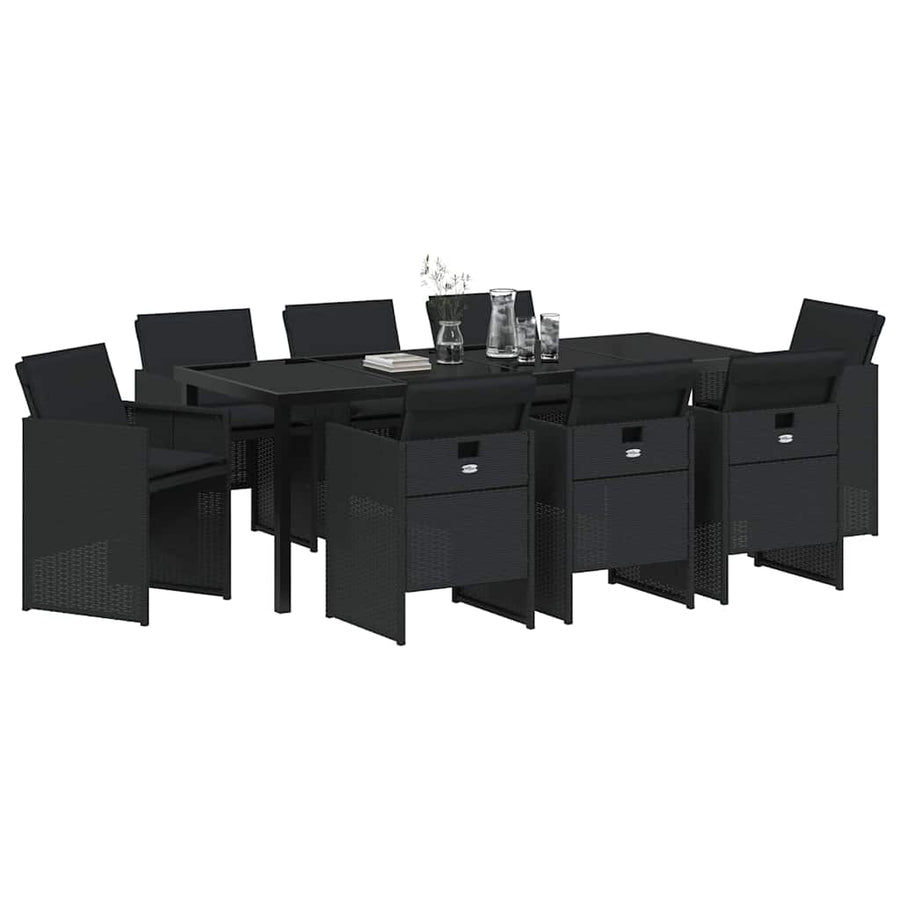 Tuin Eettafelset Met Kussen 9 Pcs Zwart Poly Rattan
