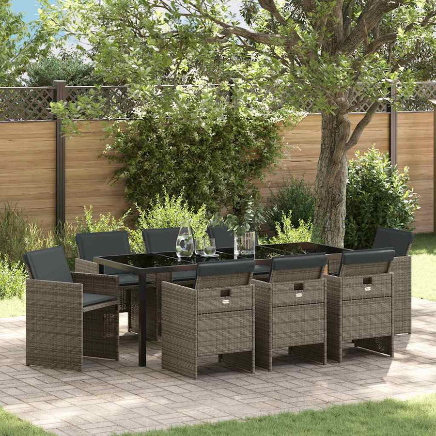 Tuin eettafelset met kussen 9 pcs Grijs poly rattan
