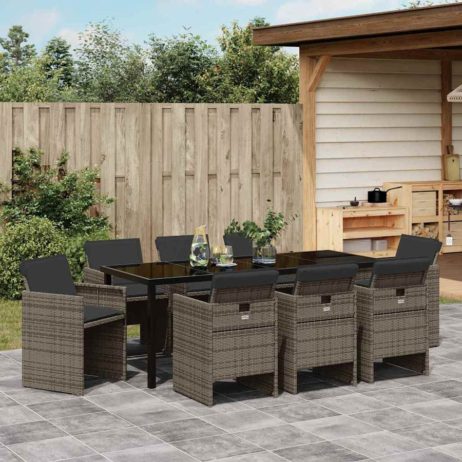 Tuin eettafelset met kussen 9 pcs Grijs poly rattan