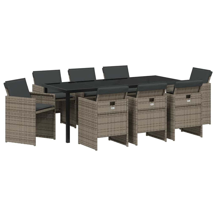 Tuin eettafelset met kussen 9 pcs Grijs poly rattan