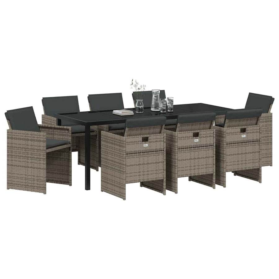 Tuin eettafelset met kussen 9 pcs Grijs poly rattan