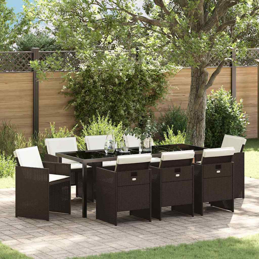 Tuin Eettafelset Met Kussen 9 Pcs Bruin Poly Rattan