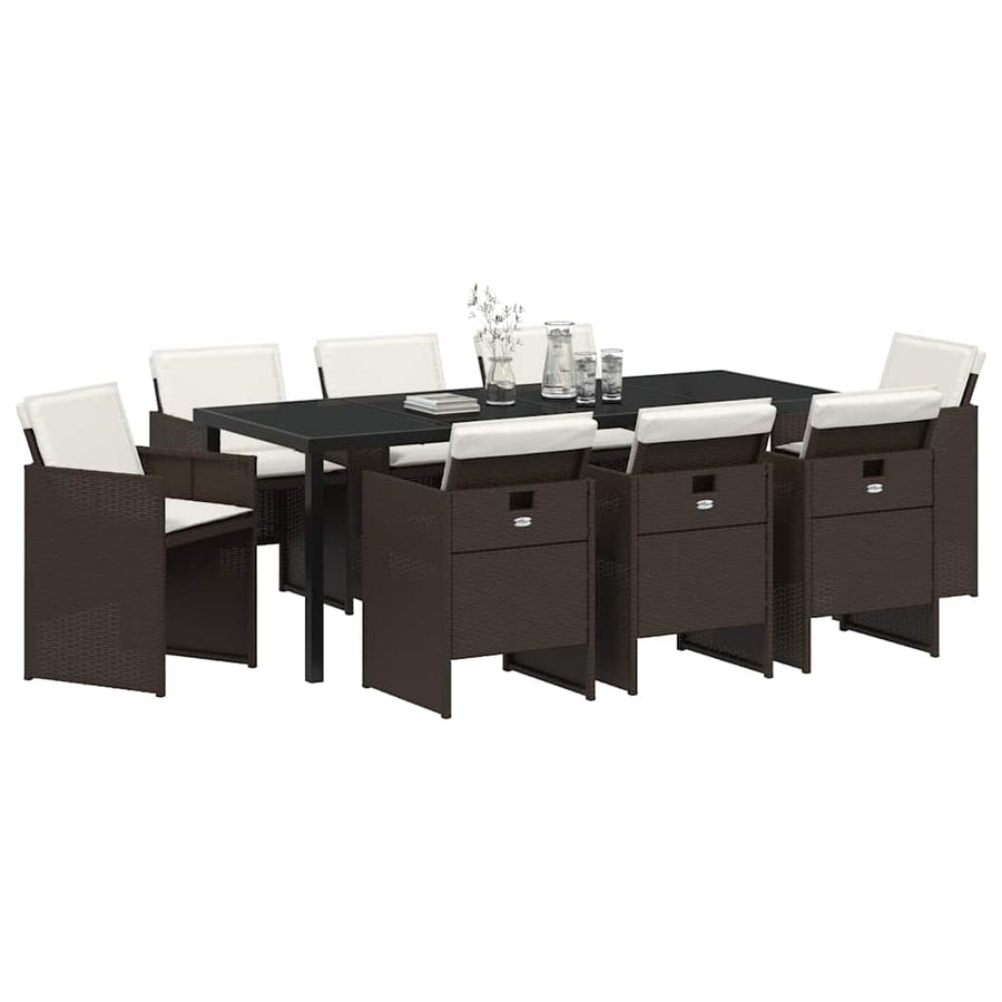 Tuin Eettafelset Met Kussen 9 Pcs Bruin Poly Rattan