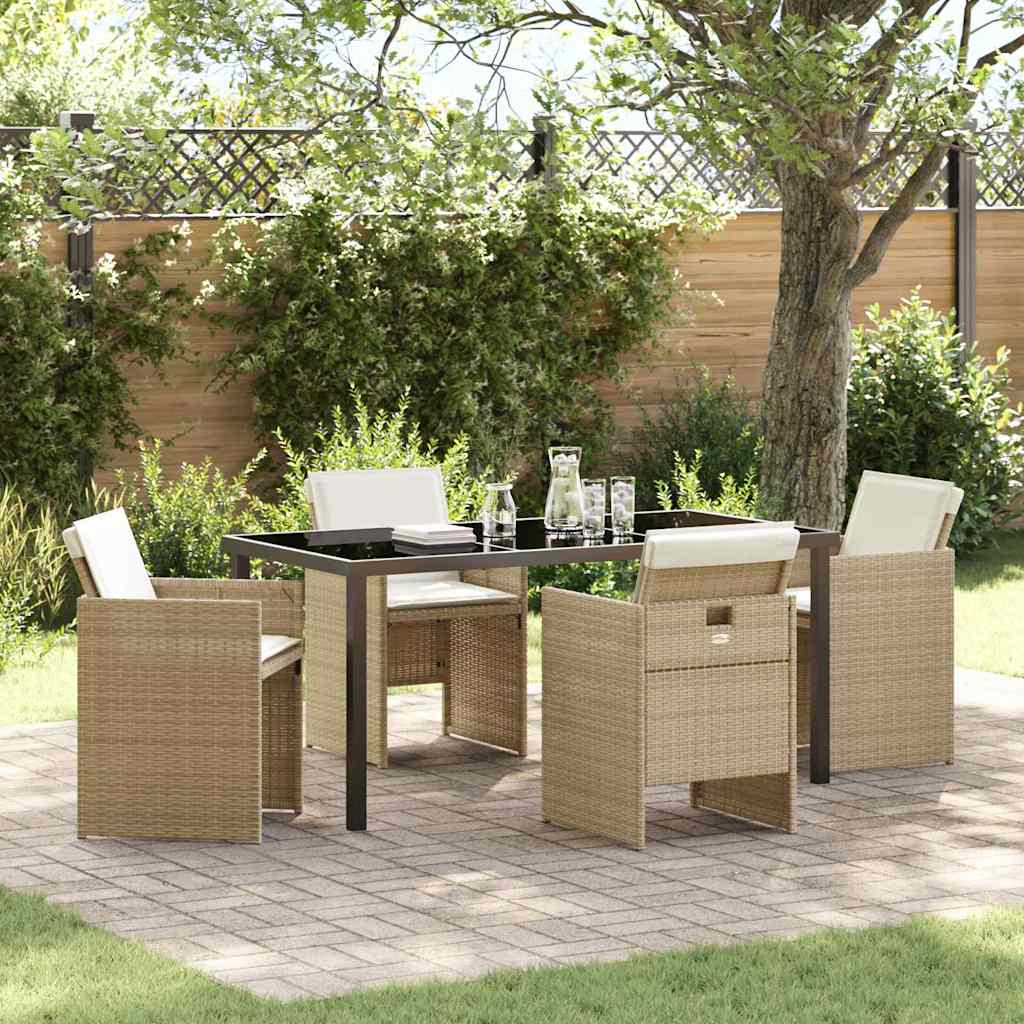 Tuin eettafelset met kussen 5 pcs Beige poly rattan