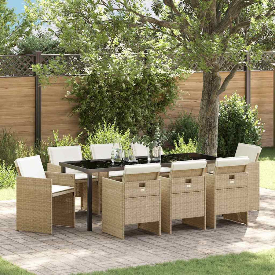 Tuin eettafelset met kussen 9 pcs Beige poly rattan