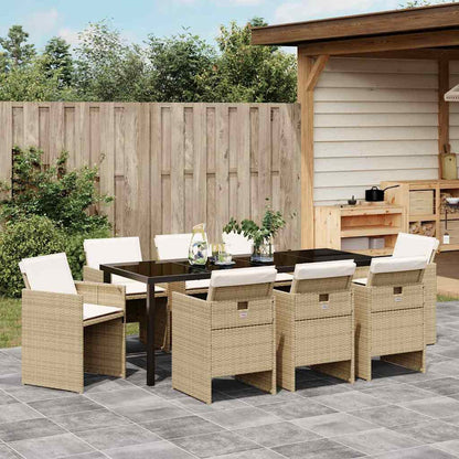 Tuin eettafelset met kussen 9 pcs Beige poly rattan