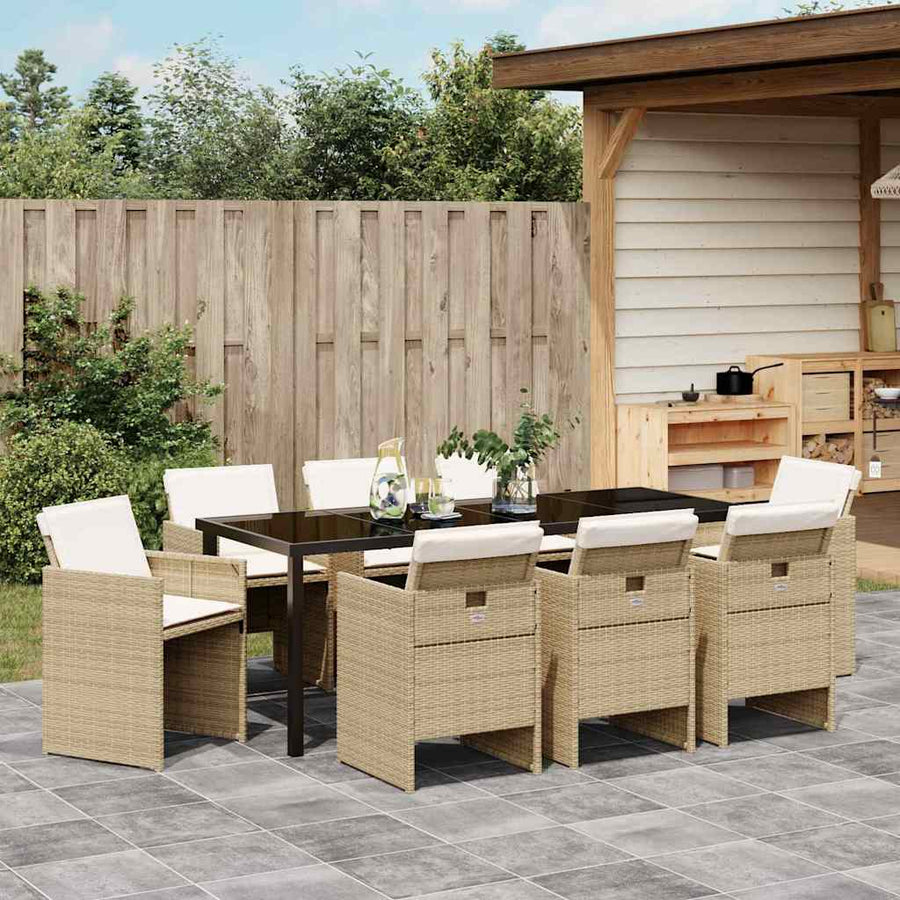 Tuin eettafelset met kussen 9 pcs Beige poly rattan