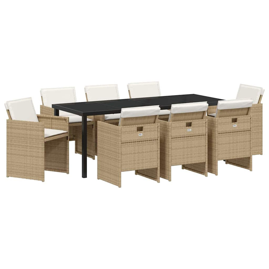 Tuin eettafelset met kussen 9 pcs Beige poly rattan