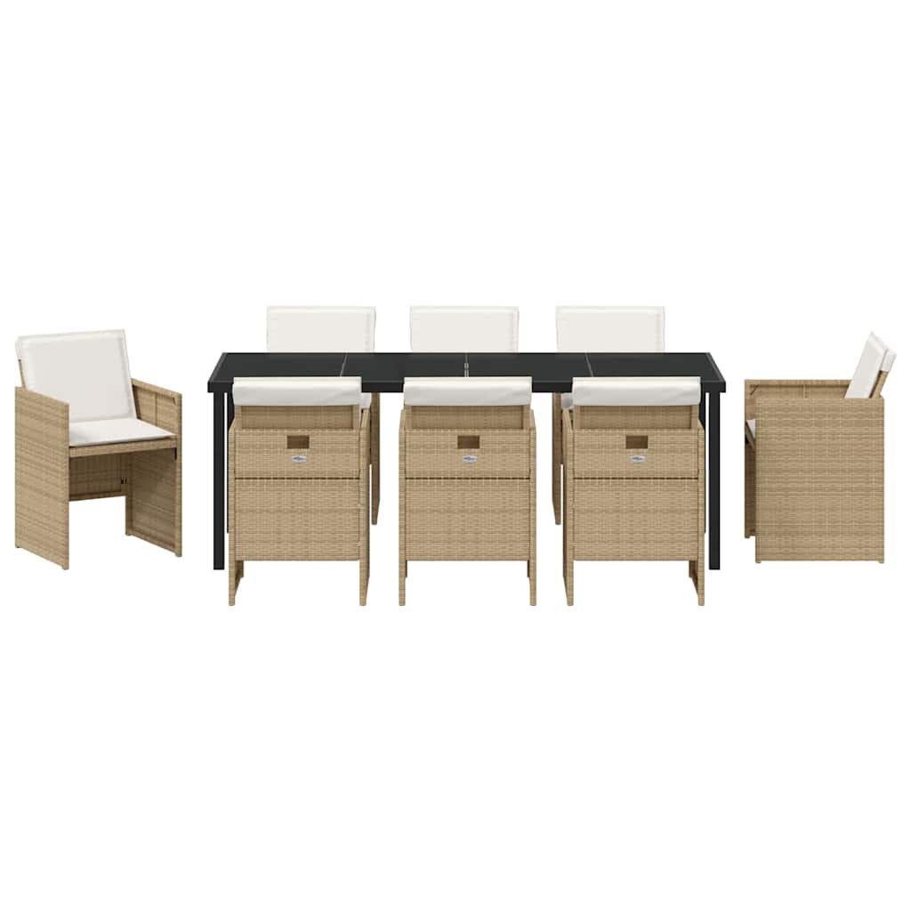Tuin eettafelset met kussen 9 pcs Beige poly rattan