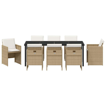 Tuin eettafelset met kussen 9 pcs Beige poly rattan