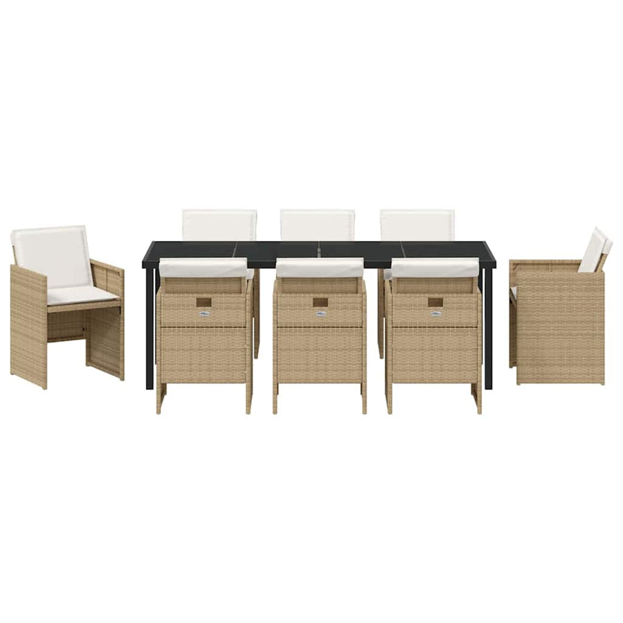 Tuin eettafelset met kussen 9 pcs Beige poly rattan