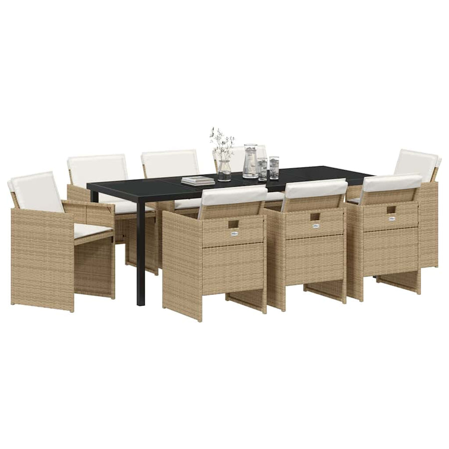 Tuin eettafelset met kussen 9 pcs Beige poly rattan