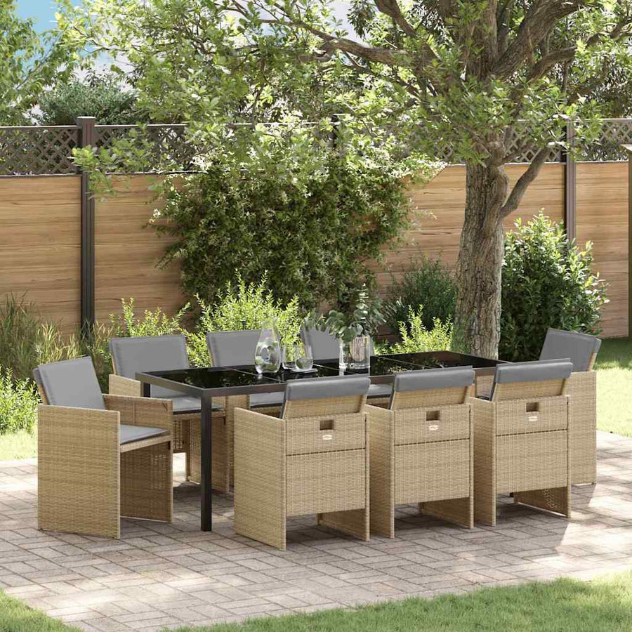 Tuin Eettafelset Met Kussen 9 Pcs Beige Poly Rattan